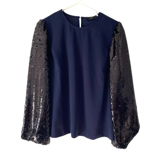 J. Crew Navy Blue Black Sequin Sleeve Blouse size Large - Picture 2 of 9